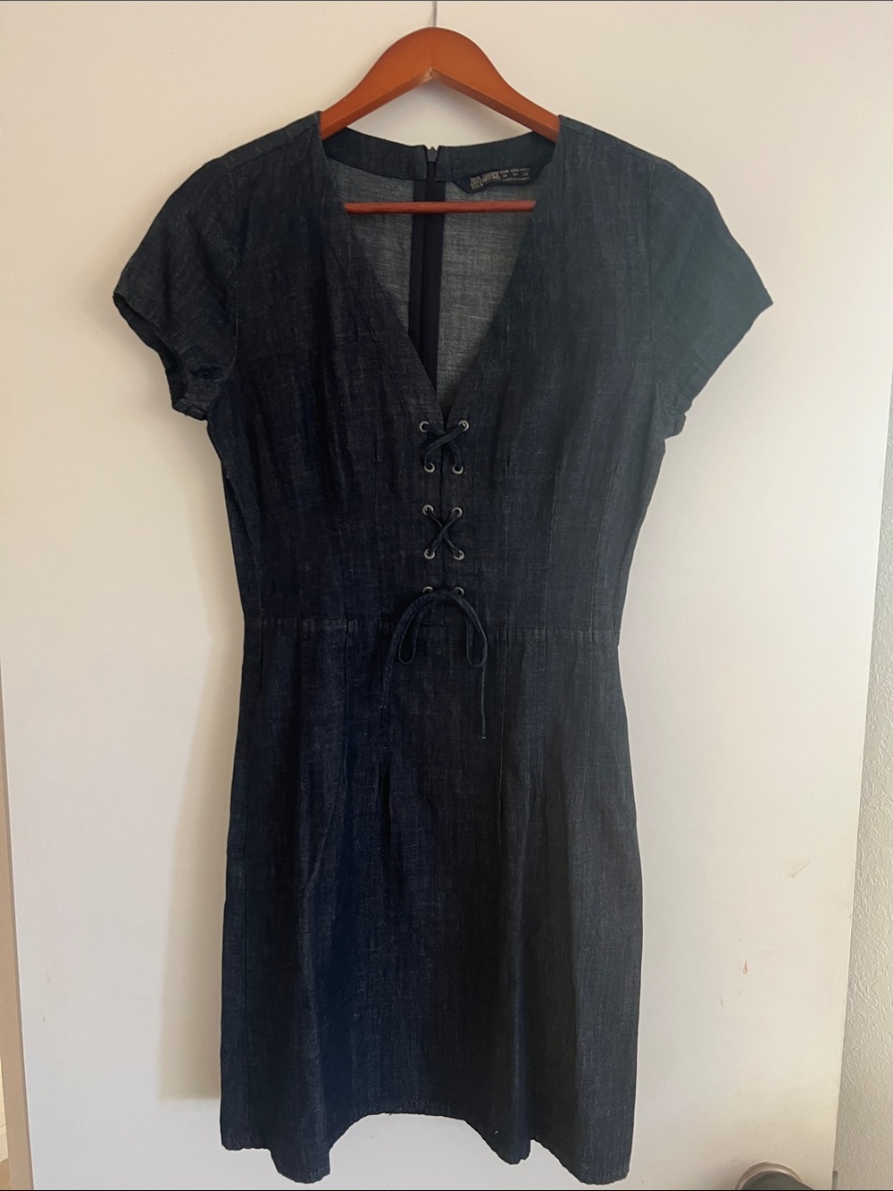 Zara Black Lace-Up Short Sleeve Denim Mini Dress